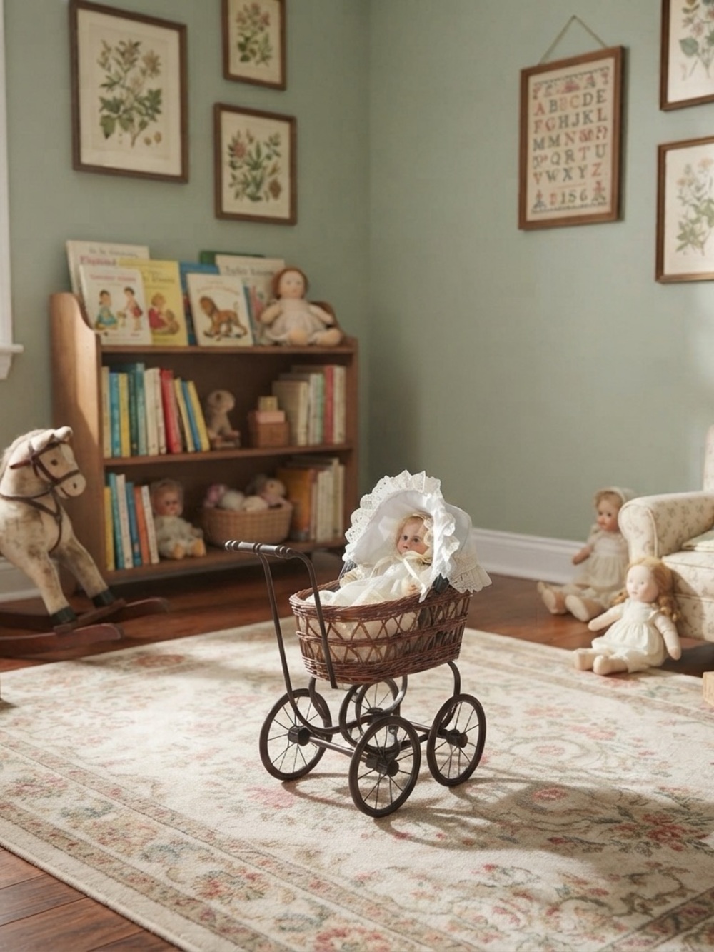 Vintage doll and wicker carriage